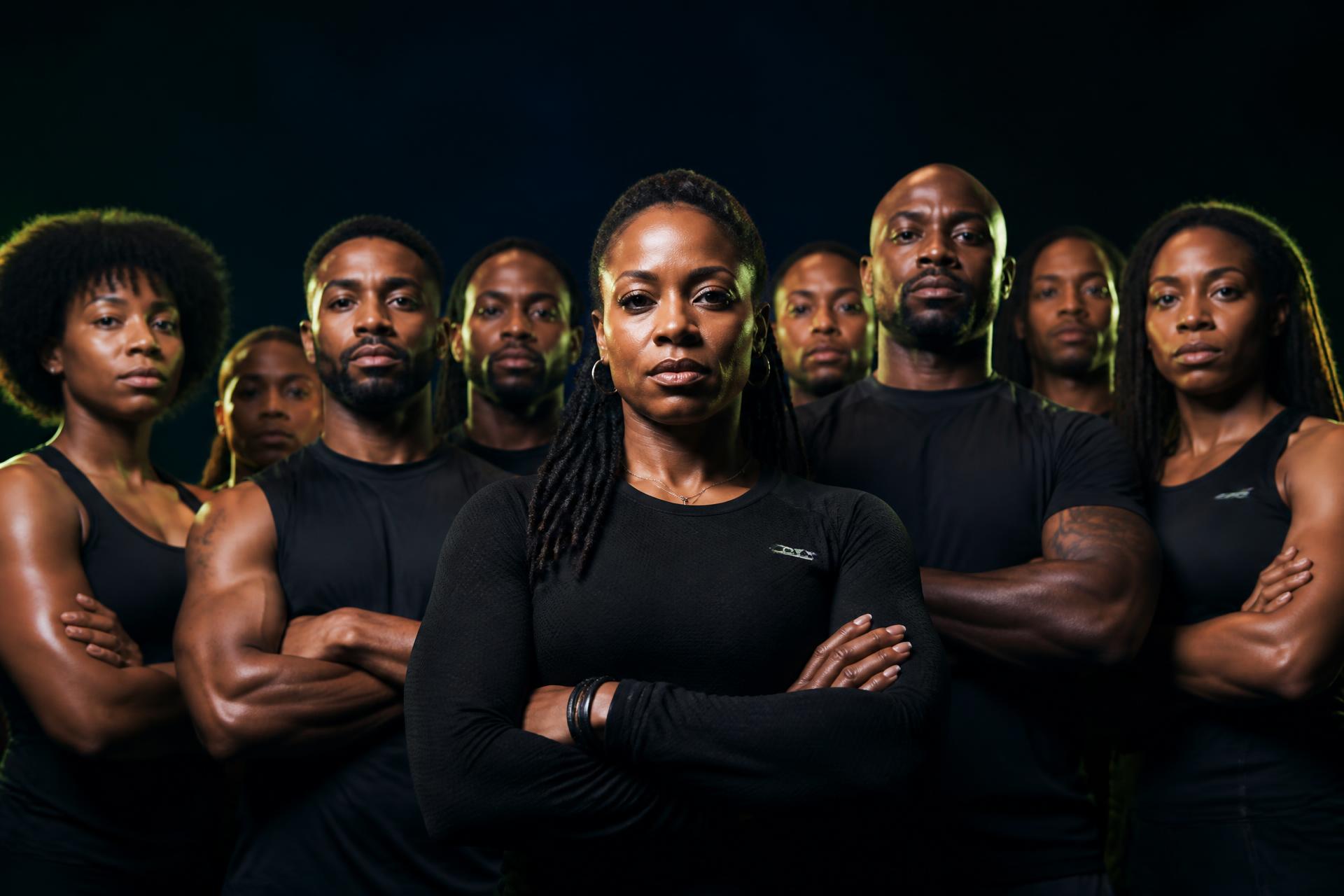 A powerful group of determined men and women standing together, unstoppable